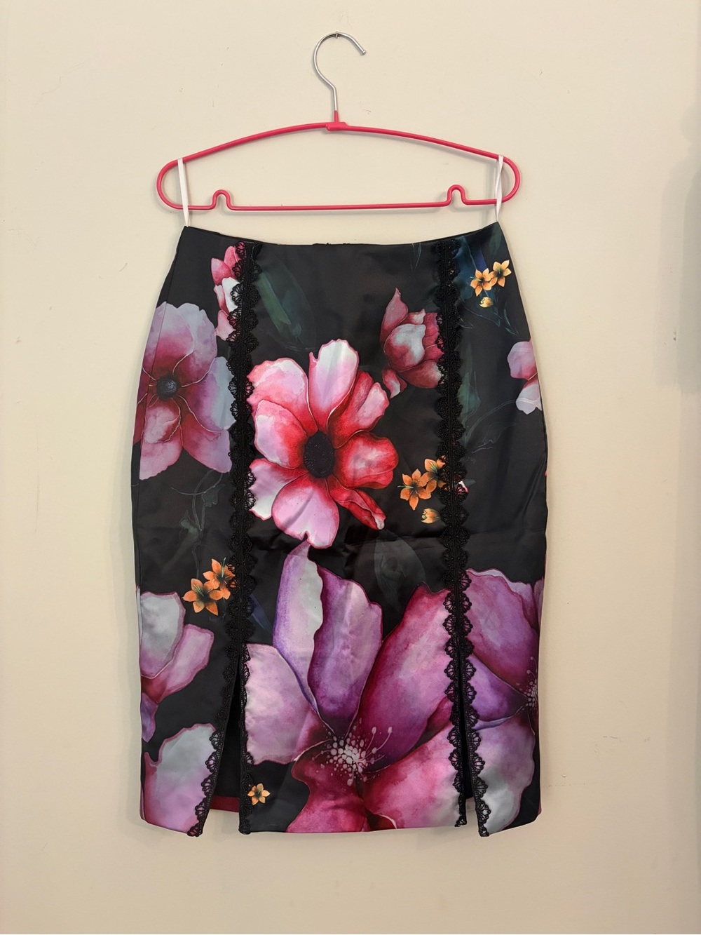 Marchesa Black Pencil Skirt with Pink and Purple Floral Motif